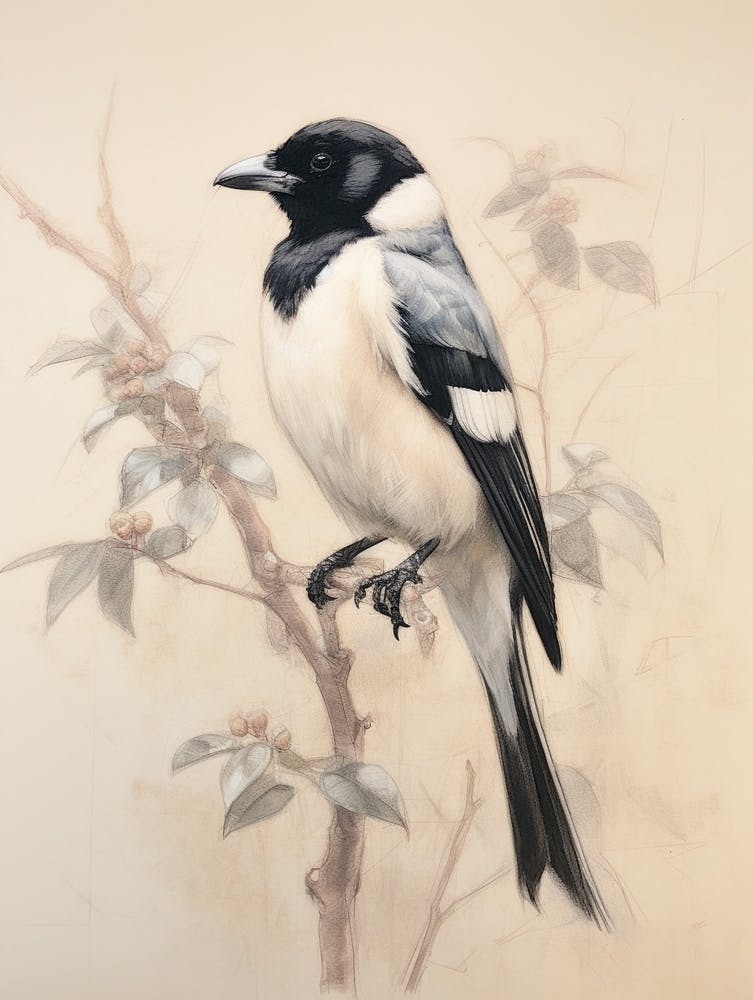 Vintage Bird Drawing Magpie 1