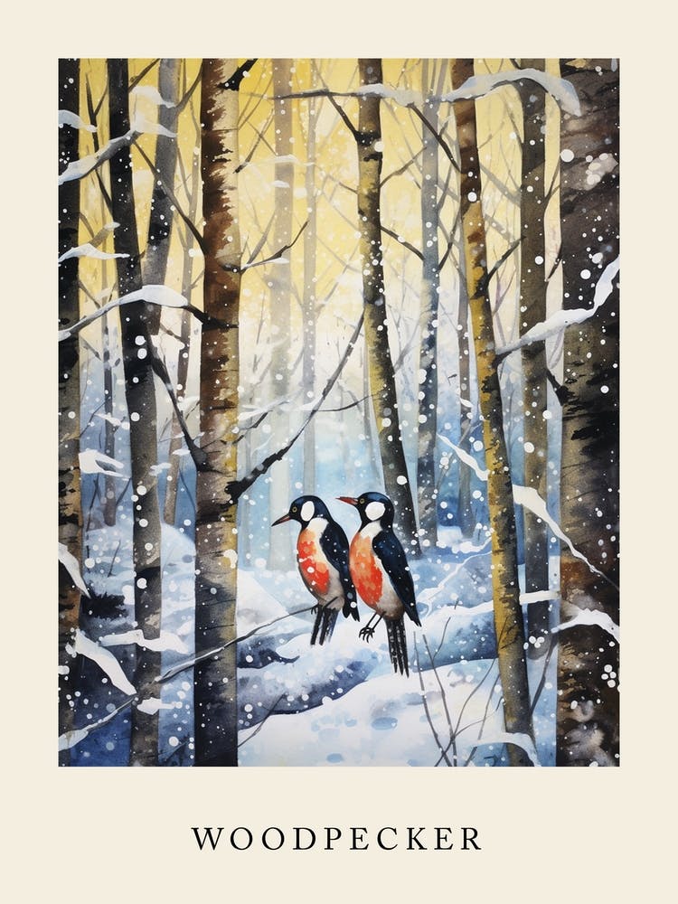 Winter Watercolour Woodpecker 2 Poster