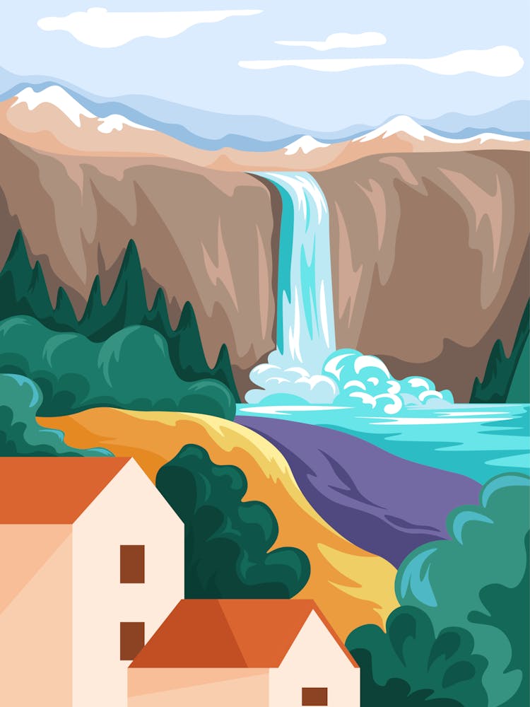 Scenery With Houses And Waterfall Landscapes