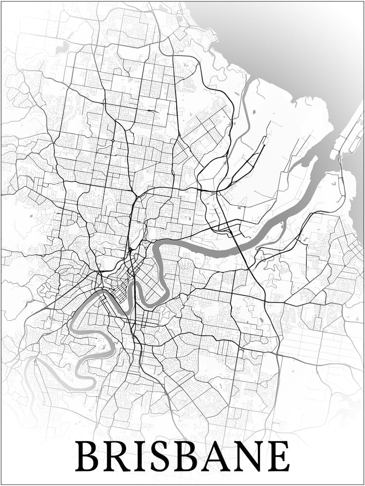 Brisbane, Queensland, Australia, City Map, Black And White Fade Design