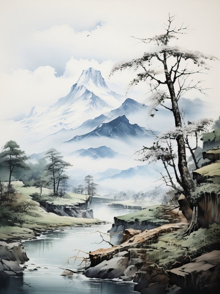 The Japanese Alps In Multiple Prefectures, Japanese Brush Painting, Sumi E, Minimal 1