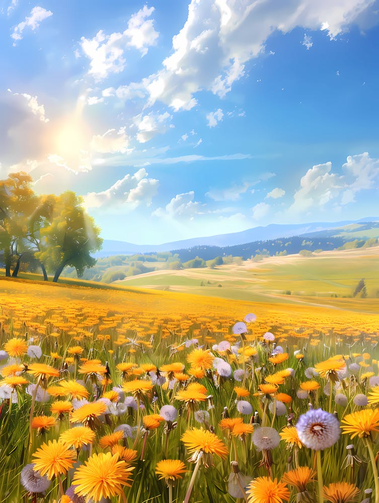 Amazing Meadow Covered In Yellow Dandelion