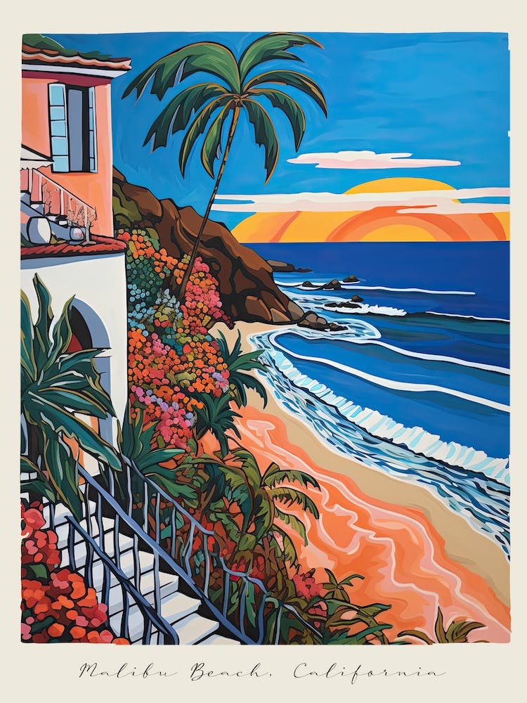 Poster Of Malibu Beach, California, Matisse And Rousseau Style 2