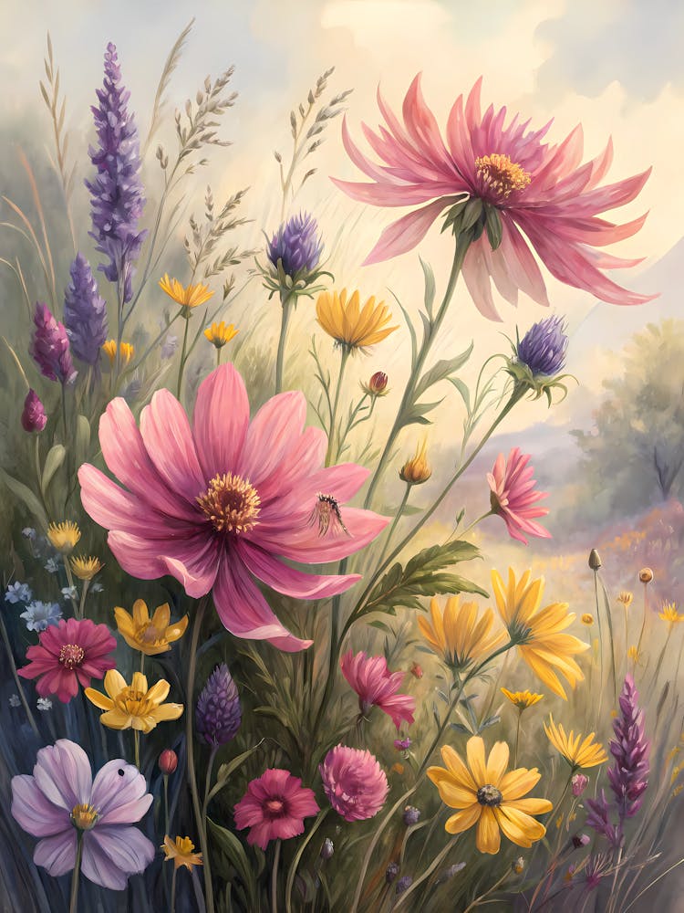 Oil Painting Style Painted Wildflowers Arranged