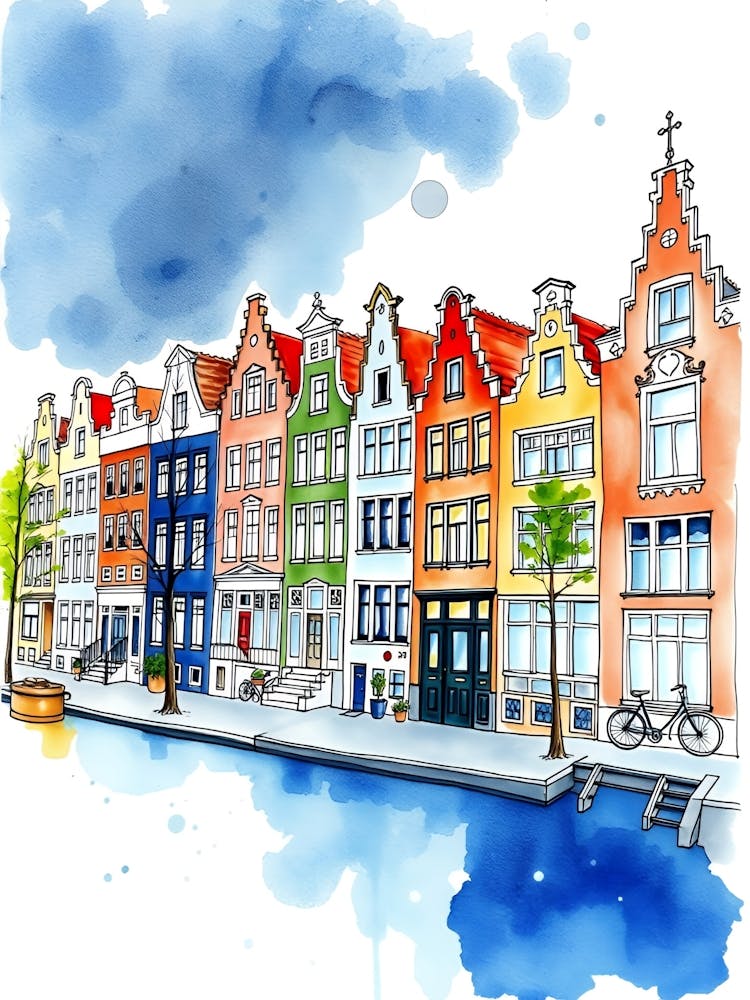 Watercolor Houses On The Canal