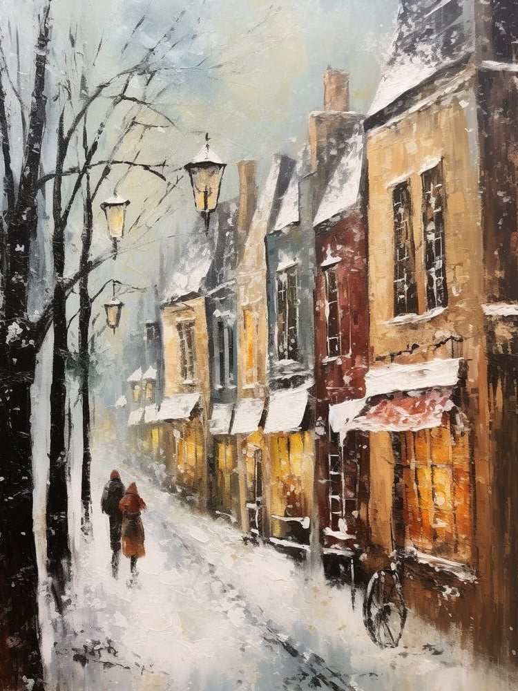 Vintage Winter Painting Bruges Belgium 1