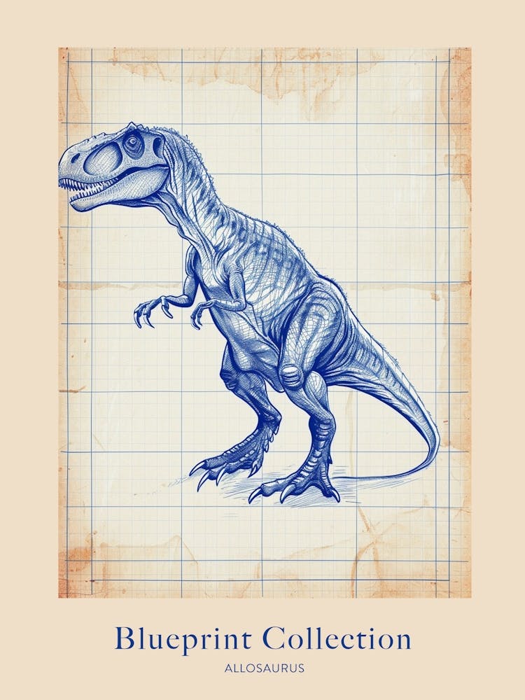 Allosaurus Dinosaur Blue Print Style 4 Poster