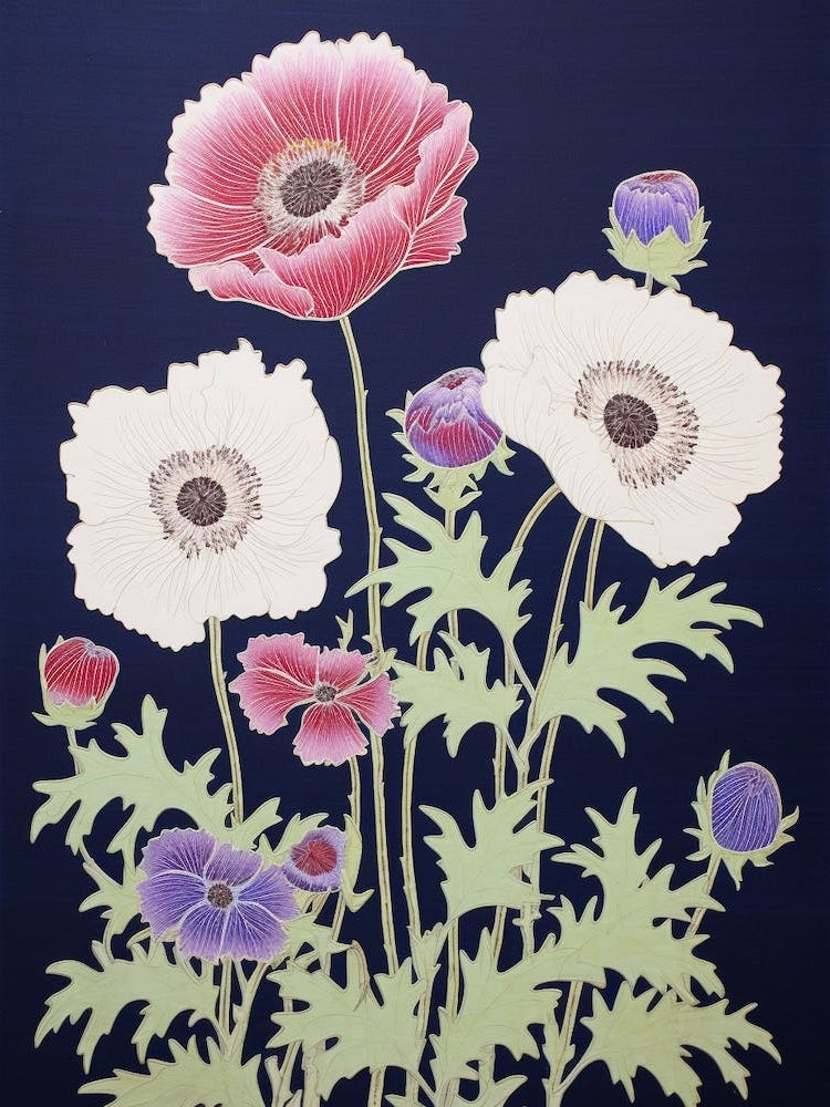 Hanaichige Japanese Anemone 1 Vintage Botanical Woodblock