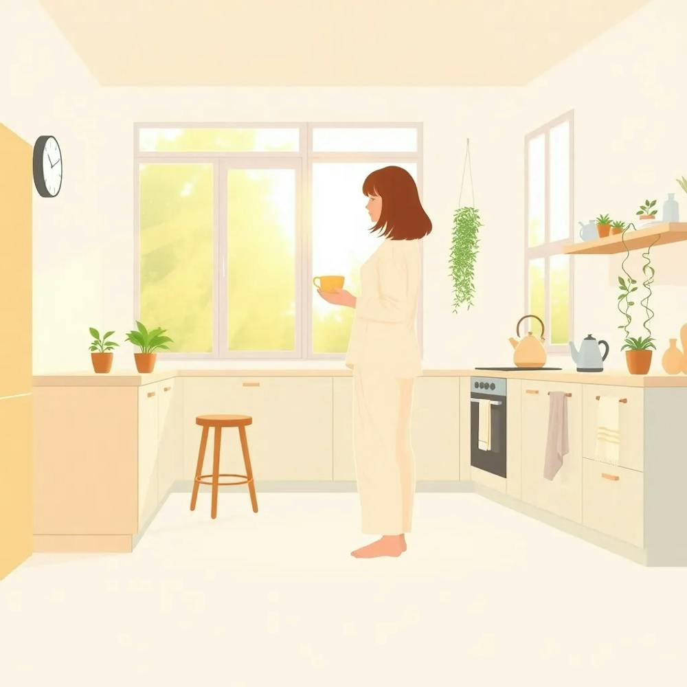 Woman In A Kitchen-standing barefoot-sunlight gazing