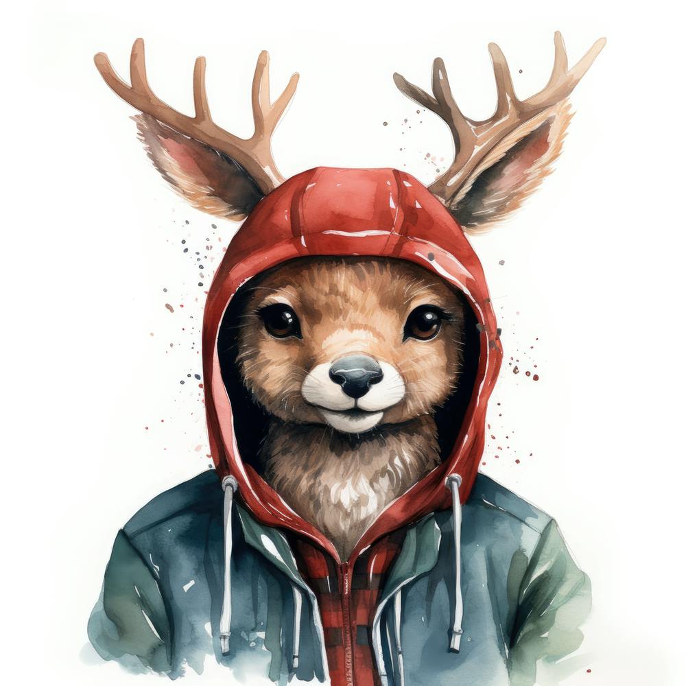 Watercolour Cartoon Reindeer In A Hoodie 3