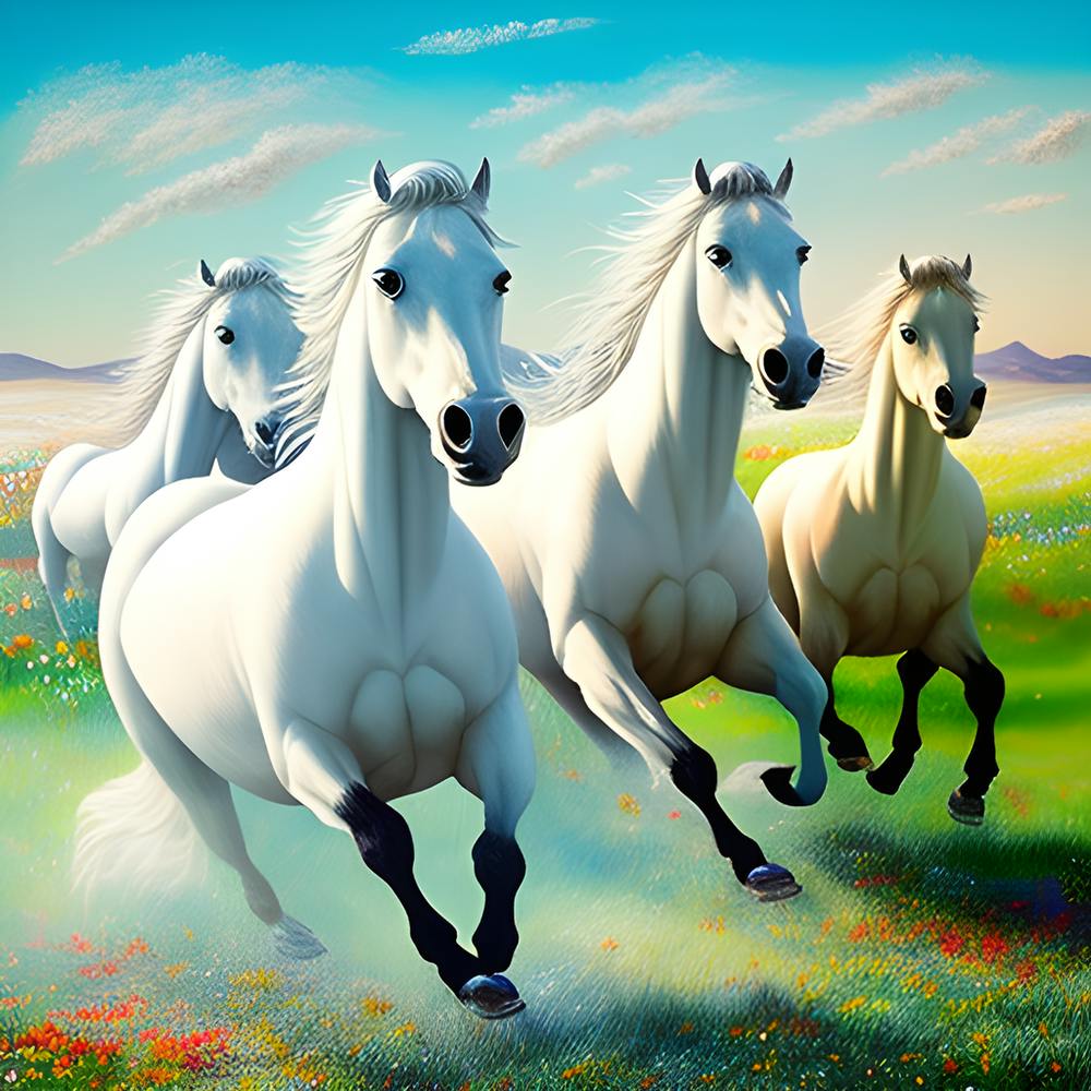 A Surreal Masterpiece Of White Horses Running Through A Field Filled With Oversized Vibrant 963659955