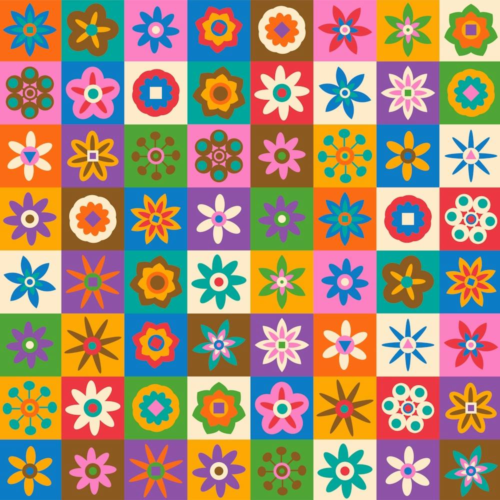 FLORAL COTTAGE CHECKERBOARD Flower Grid in Bright Retro Vintage Colours
