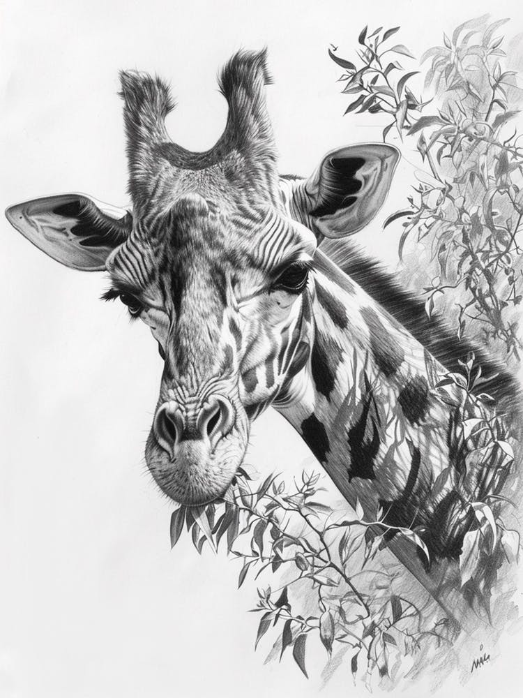 Pencil Portrait Of A Giraffe In The Trees 2