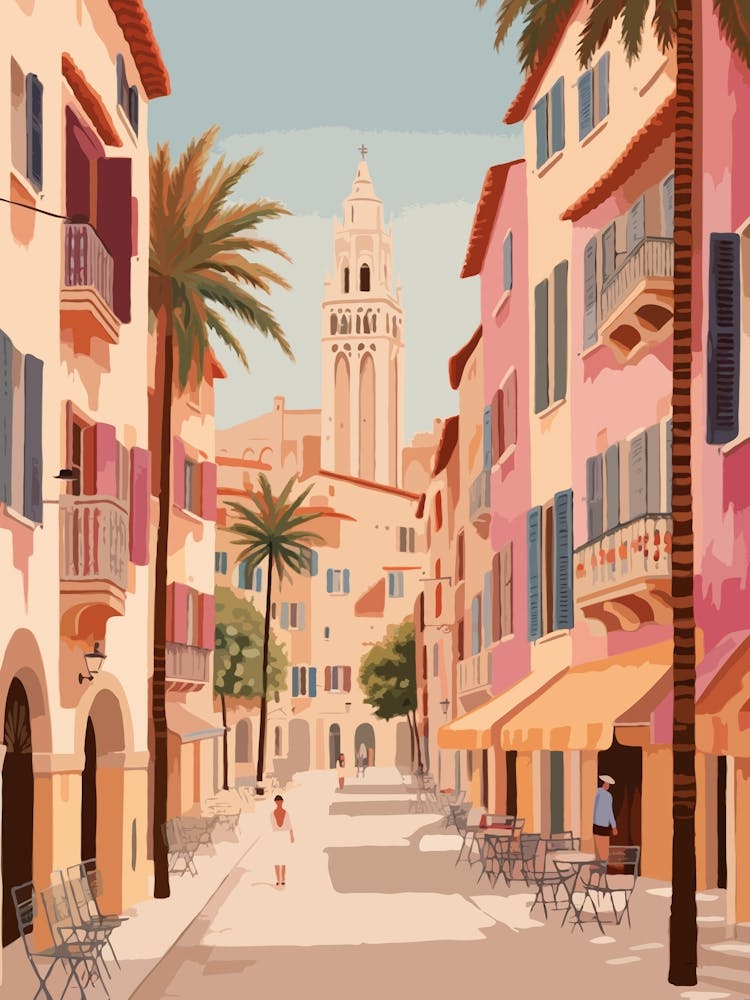 Palma De Mallorca Spain 2 Vintage Pink Travel Illustration