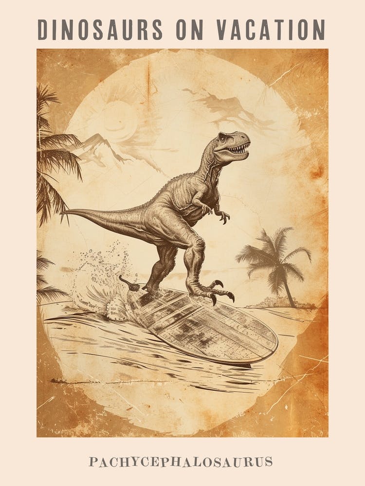 Vintage Pachycephalosaurus Dinosaur On A Surf Board 1 Poster