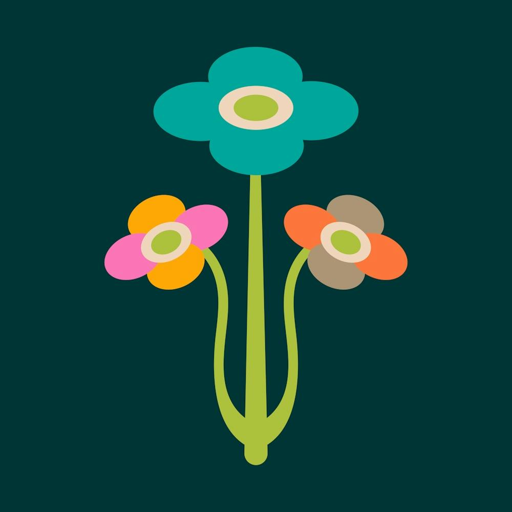 YVETTE Mid-Century Modern Floral with Triple Flowers in Bright Colours on Dark Teal