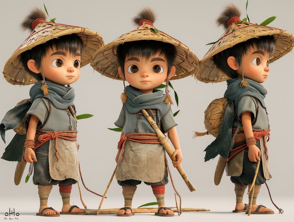 Three View Drawing‚Three Views, Namely The Front View,The Side View And The Back View,Full Body,Niji,Cartoon,Smile,Flail,3d,A Young Chinese Boy From A Rural Village Stands Proudly, Chibi,Adorned In Traditional Attire, Featuring