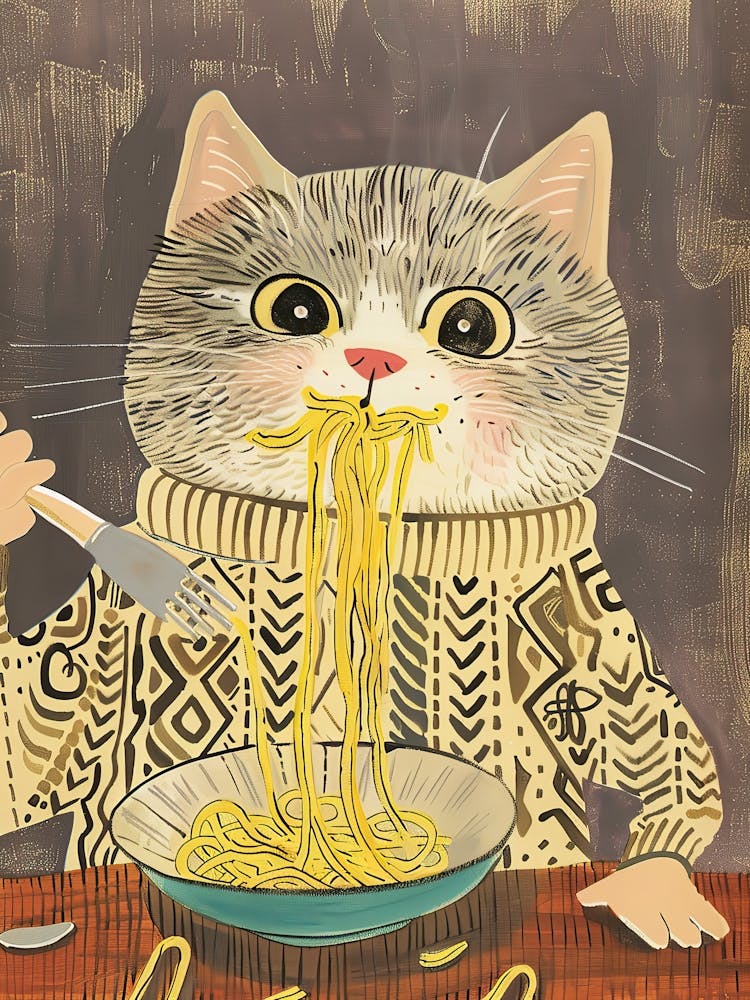 Grey White Cat Eating Pasta Folk Illustration 4