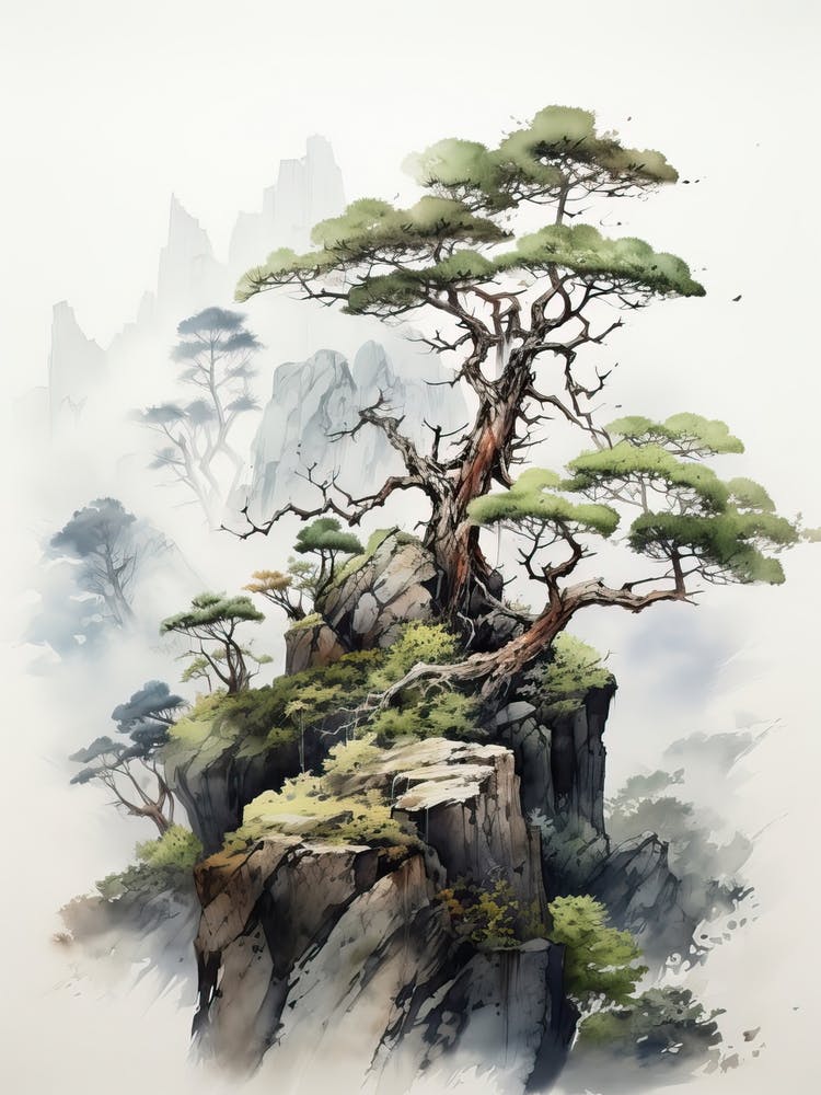 Île de Yakushima à Kagoshima, Peinture au pinceau japonaise, Ukiyo E, Minimal 1