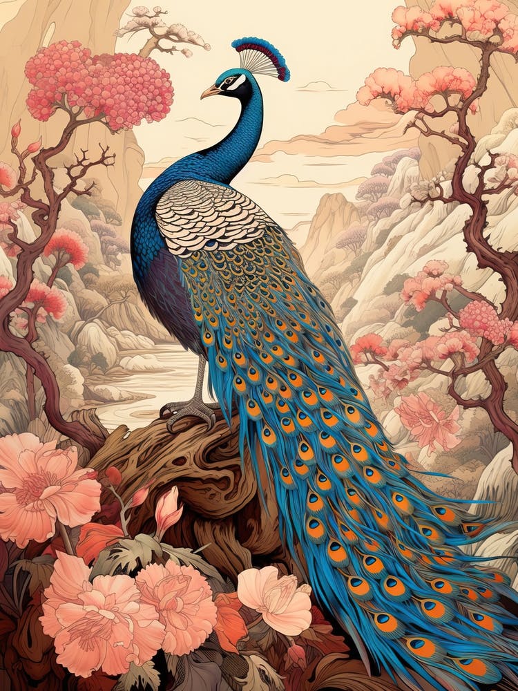 Peacock Animal Drawing In The Style Of Ukiyo E 1
