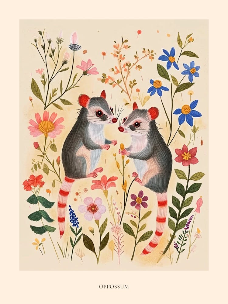Folksy Floral Animal Drawing Oppossum Poster