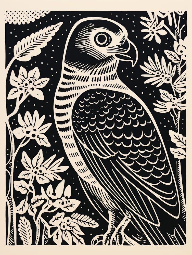 B&W Bird Linocut Eurasian Sparrowhawk 1