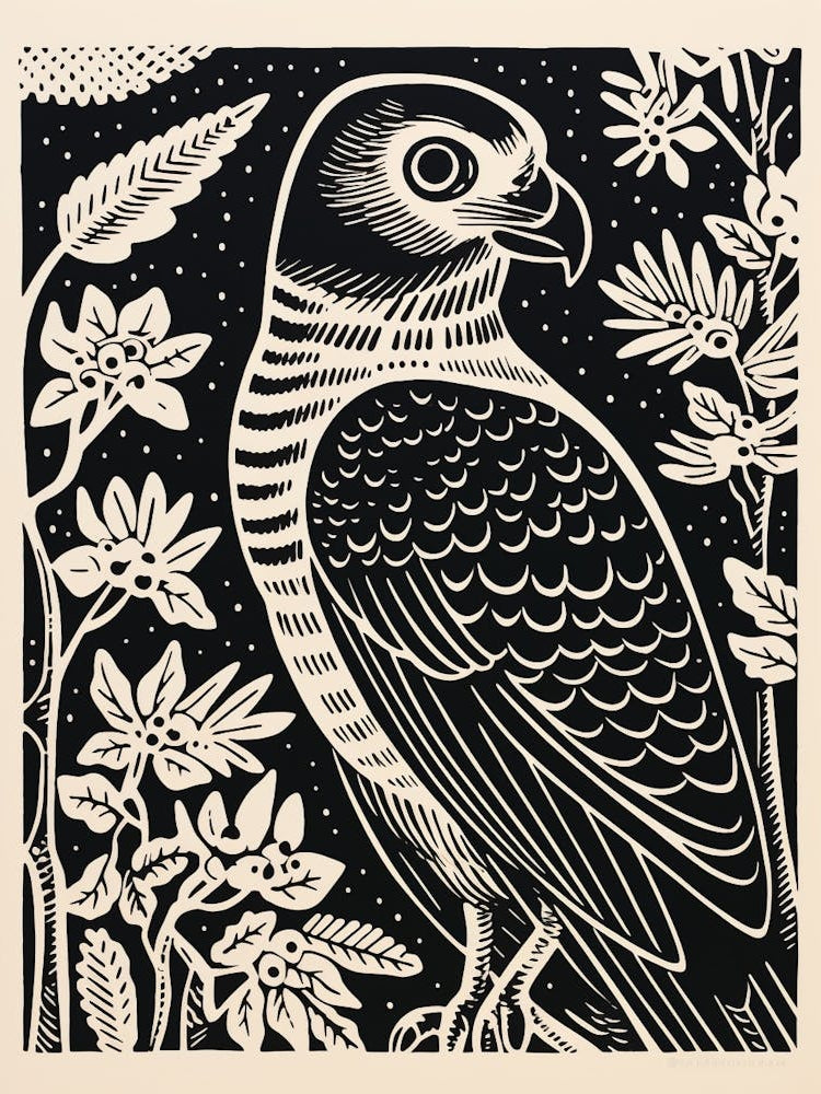 B&W Bird Linocut Eurasian Sparrowhawk 1