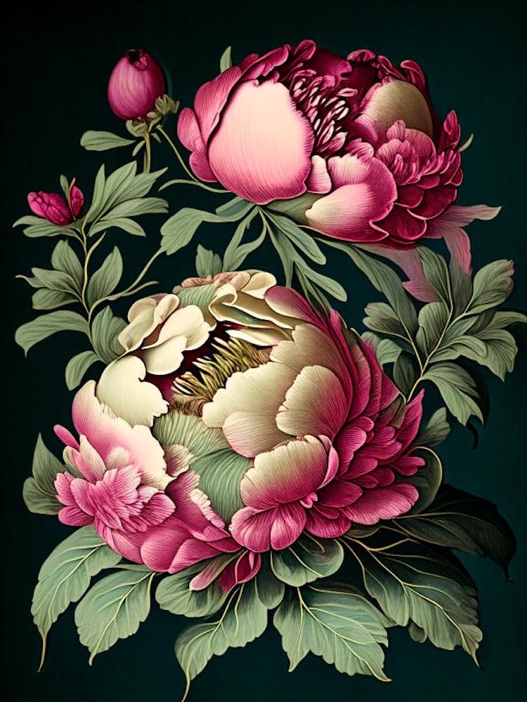 Peonies Black Vintage Botanical