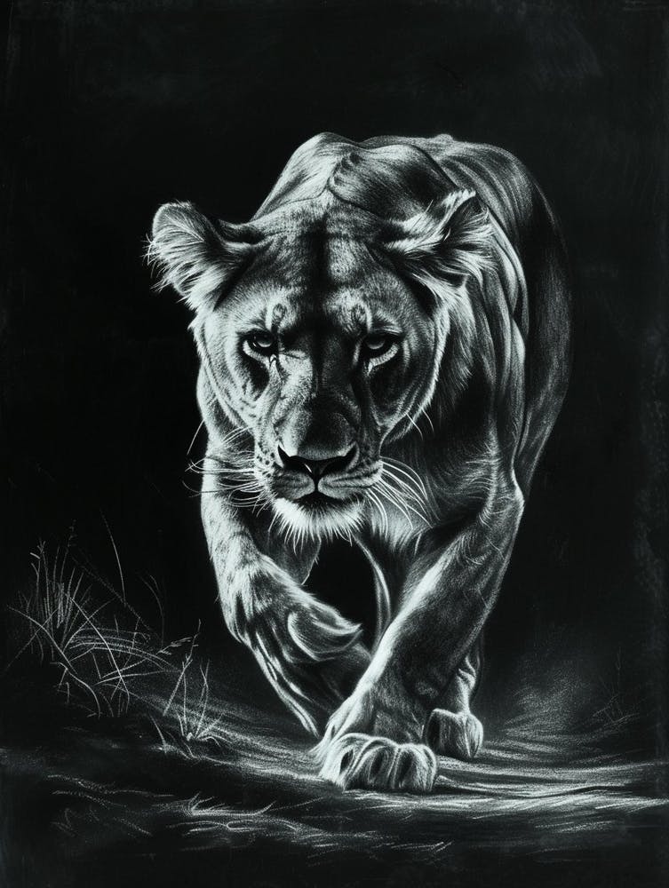 African Lion Charcoal Drawing Lioness On The Prowl 3