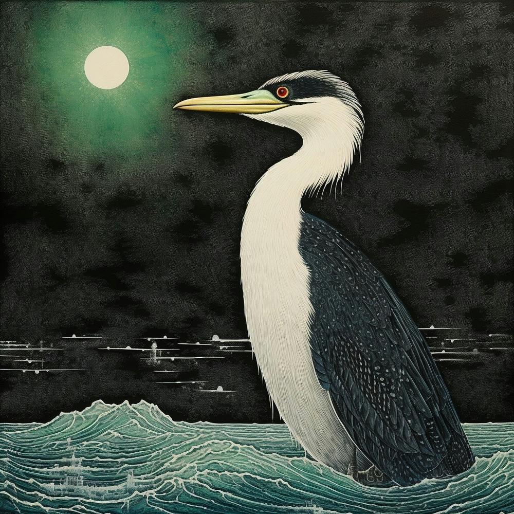 Ohara Koson Inspired Bird Painting Cormorant 2 Square