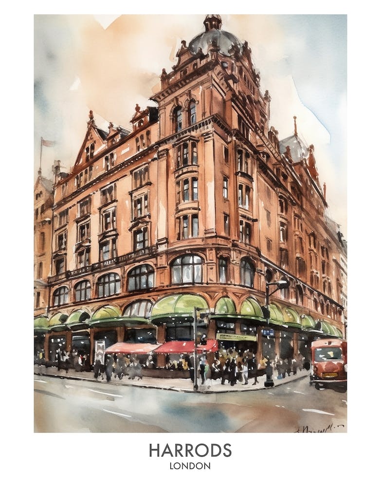 Harrods 3 Watercolour Travel Poster