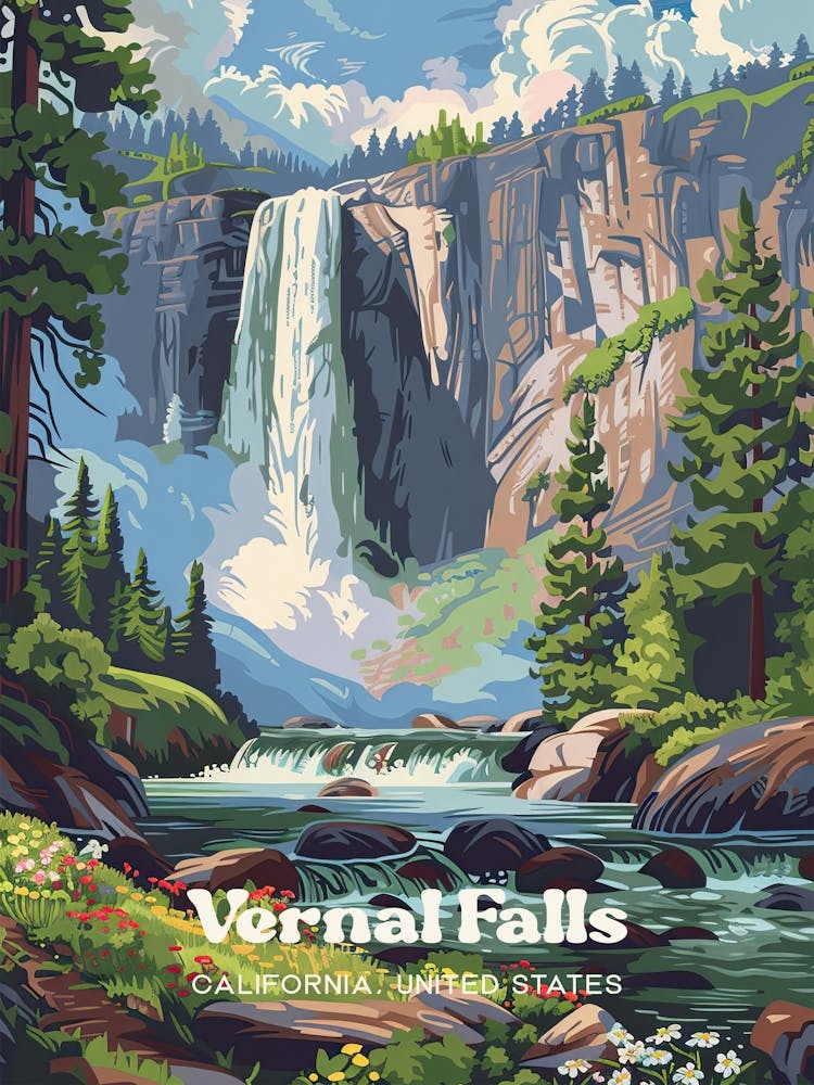 Vernal Falls Yosemite Travel Art Illustration