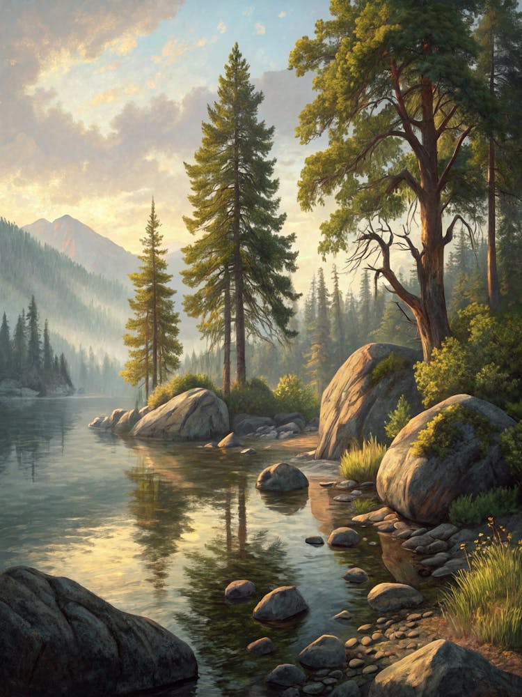 Oil Painting Style Lake Shore With Rocks And Tree