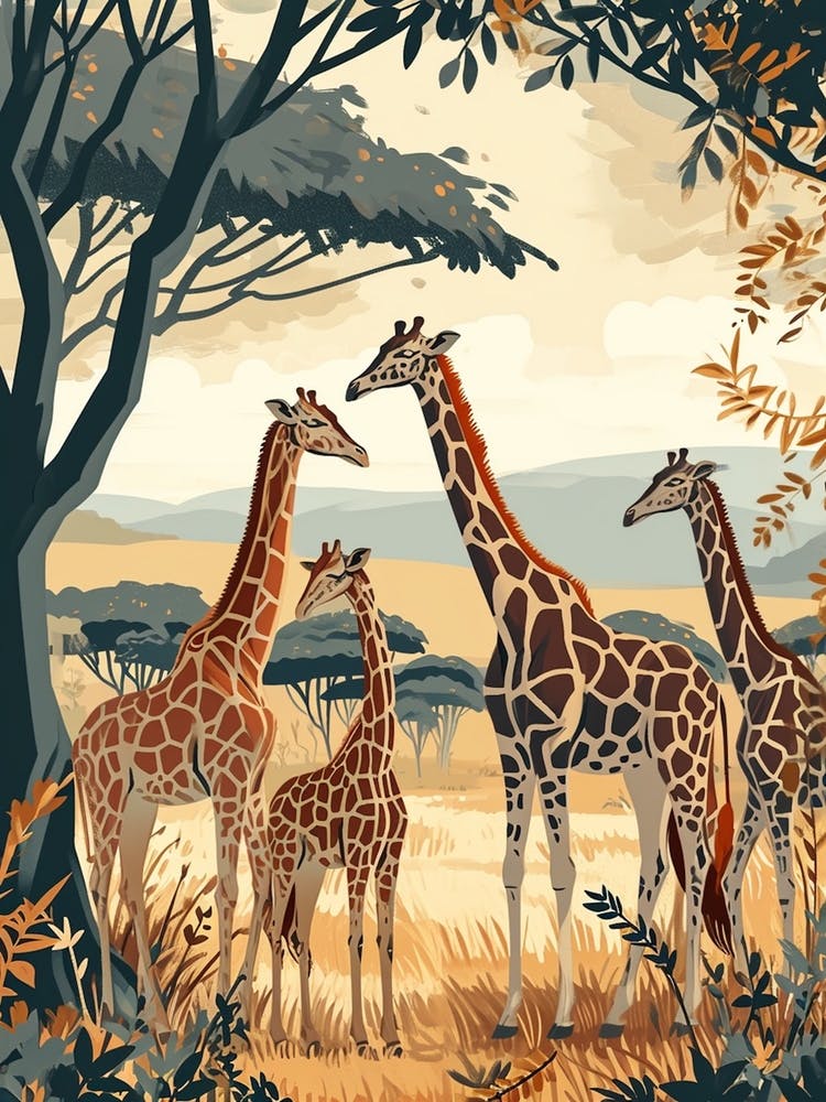 Herd Of Giraffes Resting Under The Tree Modern Illiustration 7
