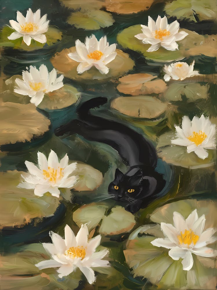 Black Cat In Lily Pond