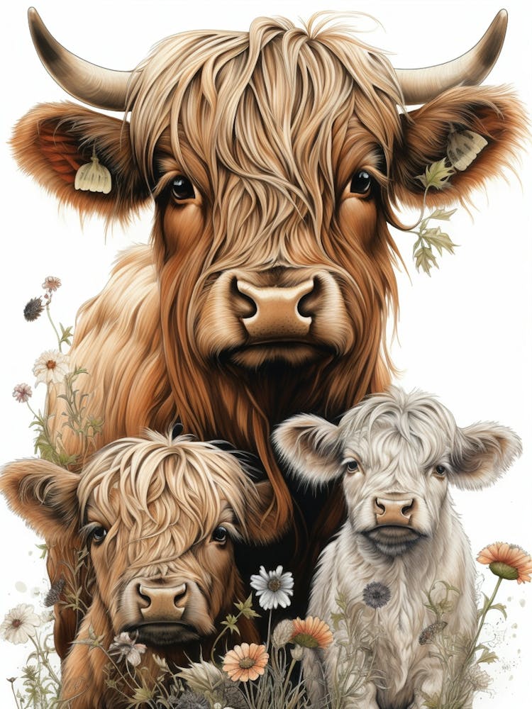Highland Cow & Calves Simple Line Illustration 2