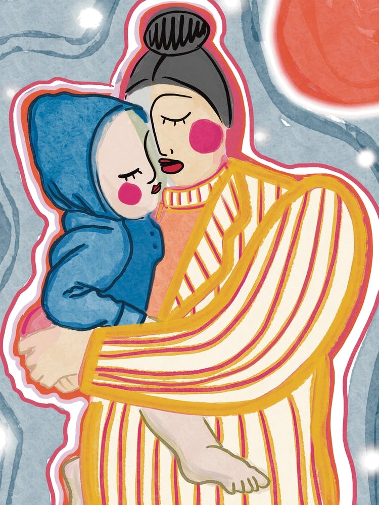 Mother With A Baby Child By A Sunset With Stars