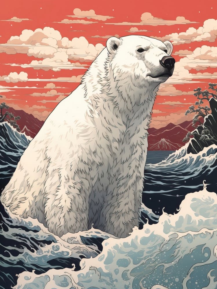 Polar Bear Animal Drawing In The Style Of Ukiyo E 1