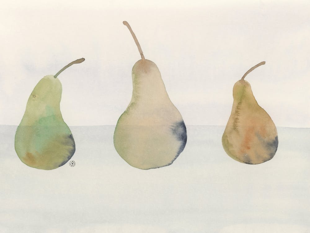 Three Pears watercolor painting minimal minimalist hand painted kitchen art still life food 