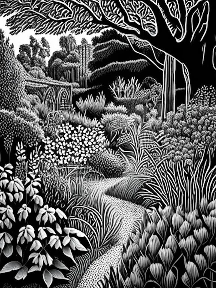 Rhs Garden Wisley, United Kingdom Linocut Black And White Vintage