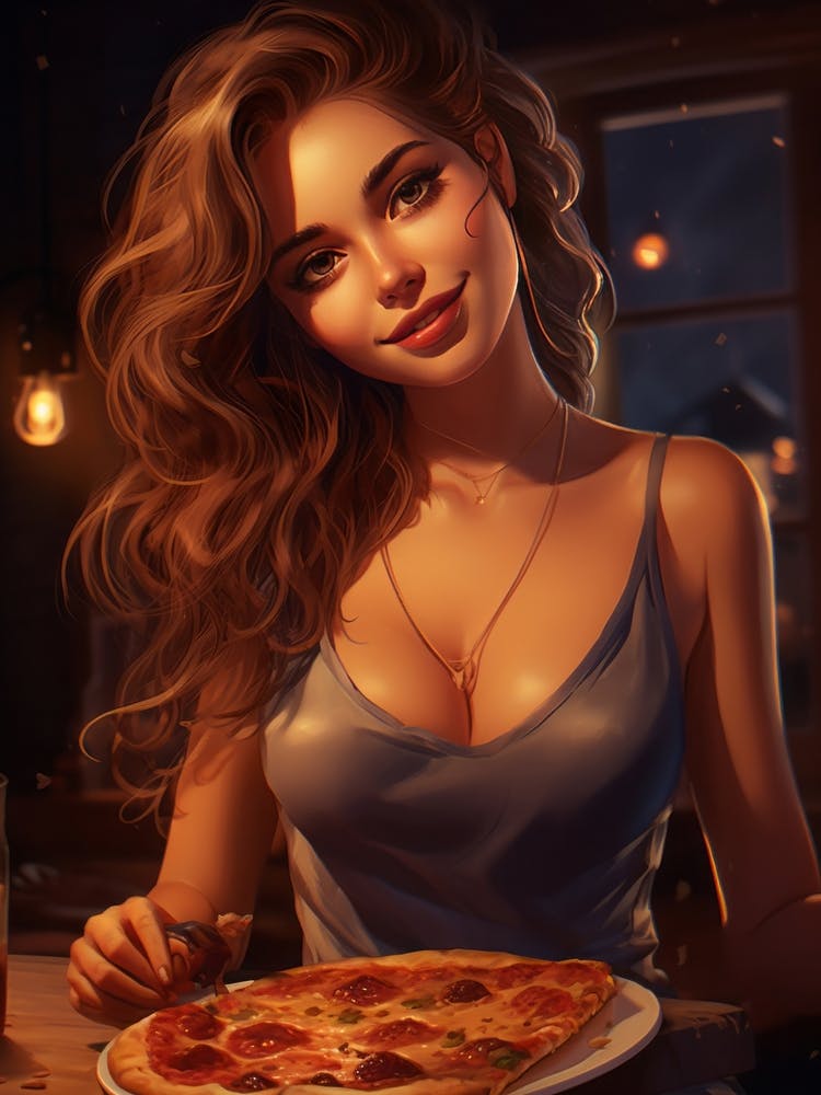 Beautiful Girl with Large pizza pie