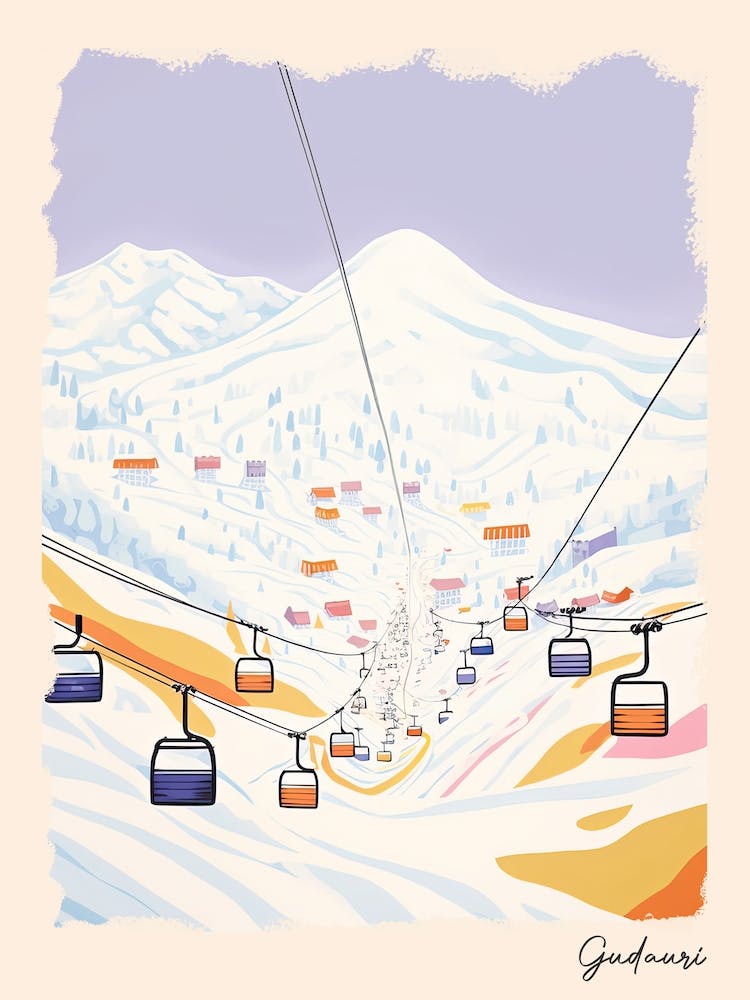 Poster Of Gudauri   Georgia, Ski Resort Pastel Colours Illustration 1