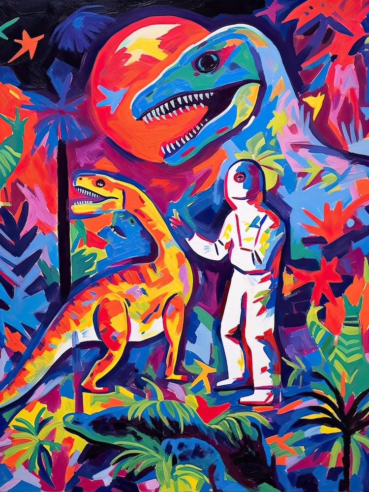 Colour Painting Of An Astronaut With Dinosaurs