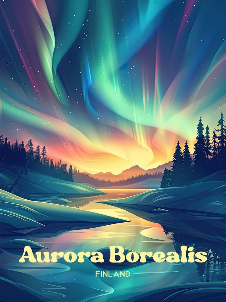 Aurore Boréale Finlande Lumières Du Nord Art De Voyage Numérique