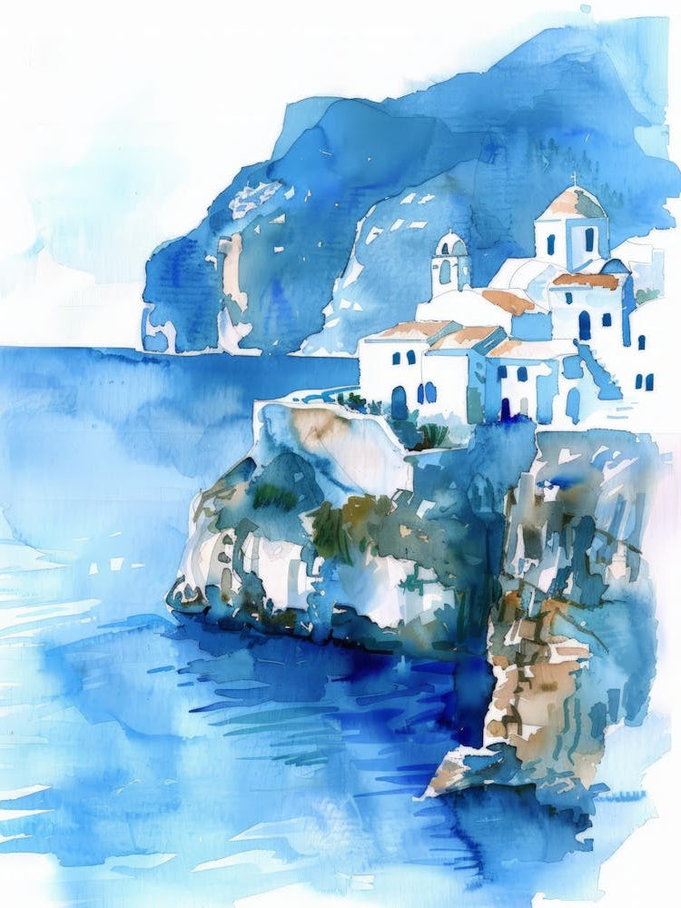 Watercolor Of A Village On The Coast