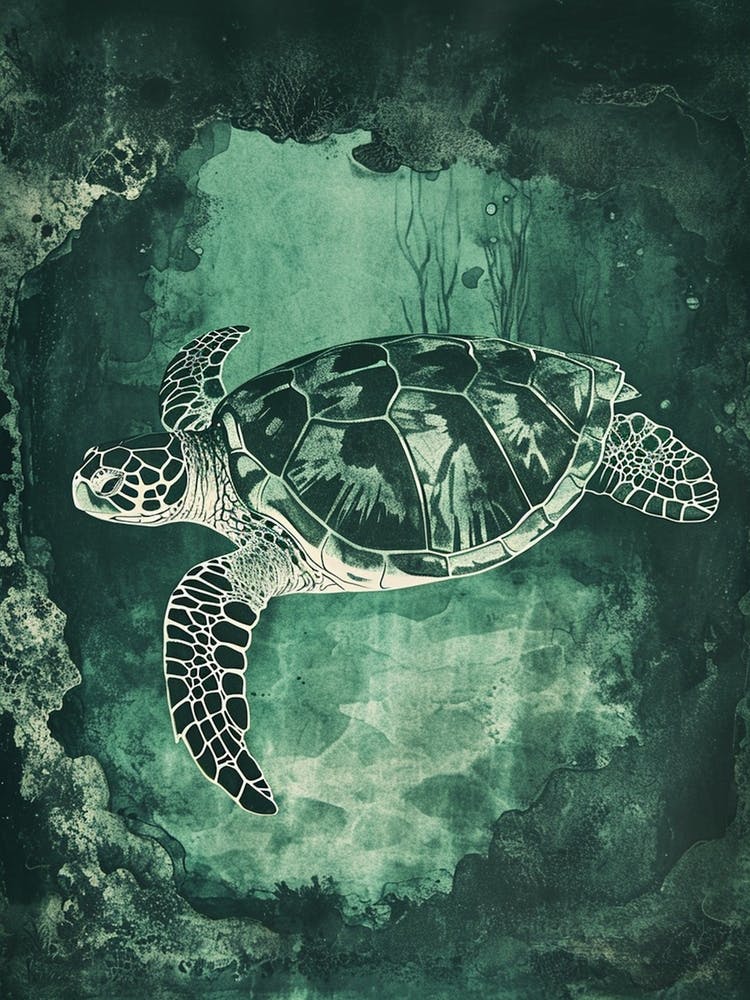Sea Turtles In An Underwater World Textured Illustration 2