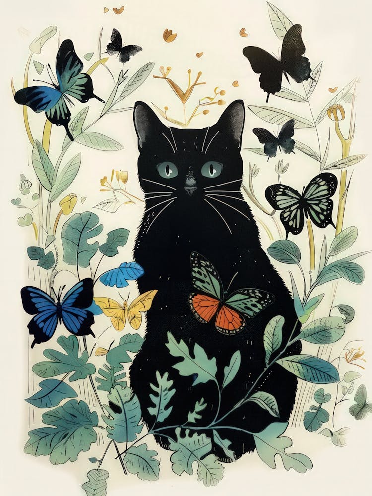 Cat Print Vintage Butterflies Illustration Black Cat Funny 