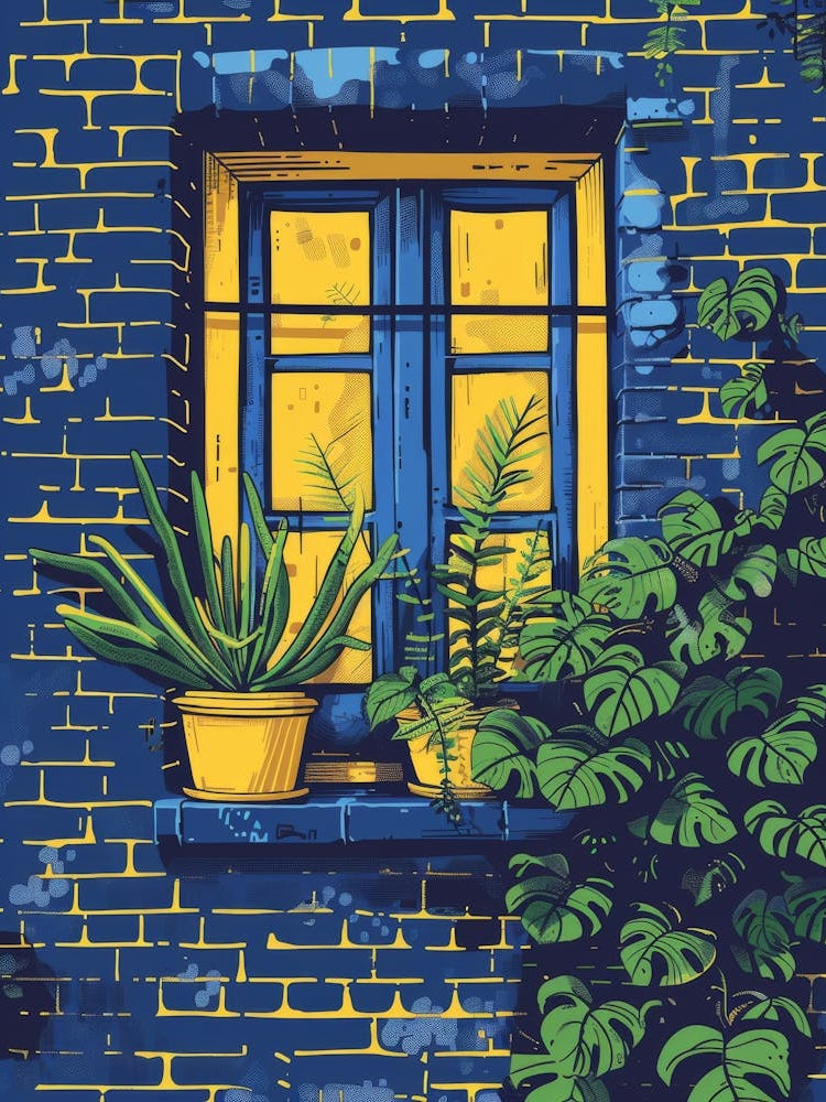 Blue Window With Potted Plants