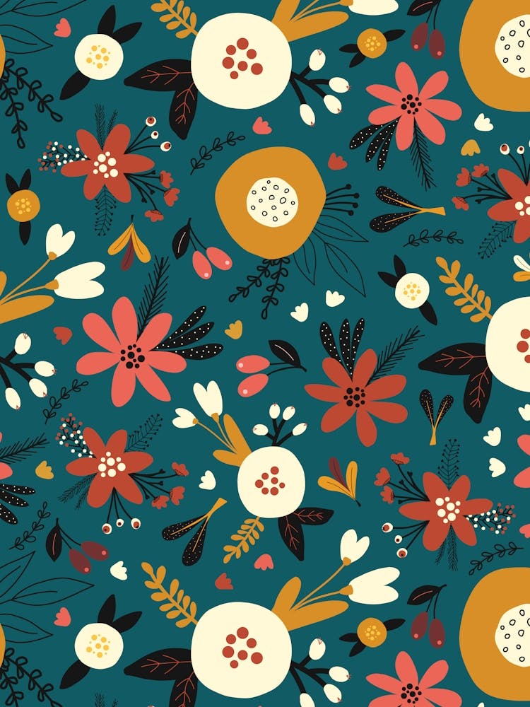 Abstract Scandinavian Floral Red, Ochre, White, Teal Blue