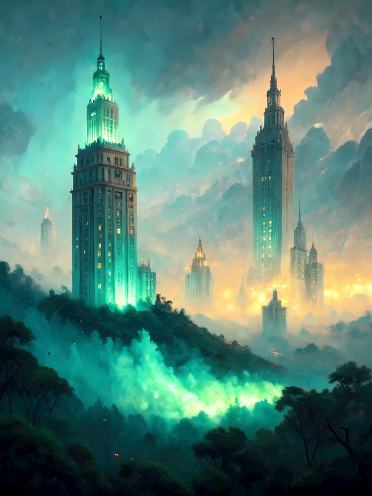 Oil Painting Style Fantasy Cityscape Glowing Towers & Mystical Clouds